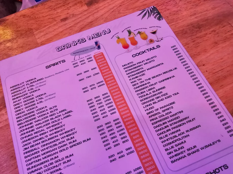 Plážový klub ARK, ceny nápojov