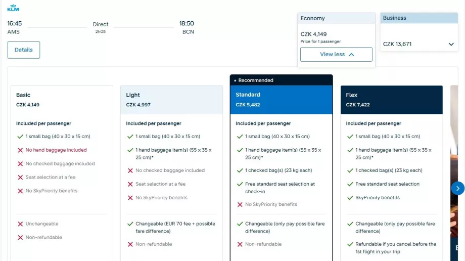 Air France-KLM: snímka obrazovky s novou tarifou