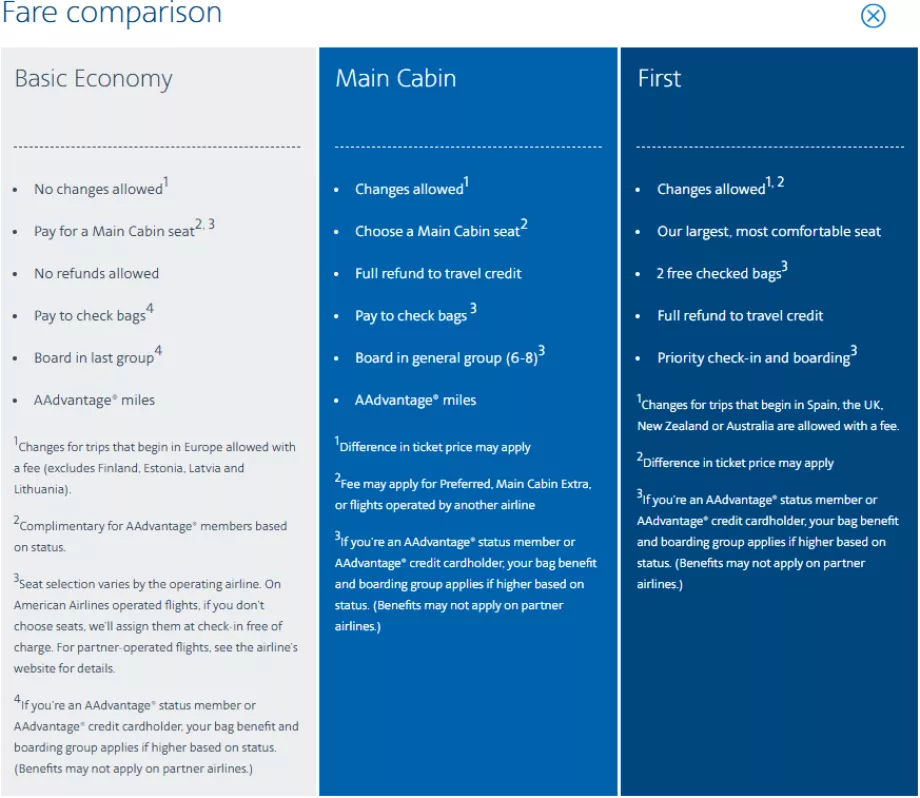 Vnútroštátne tarify spoločnosti American Airlines