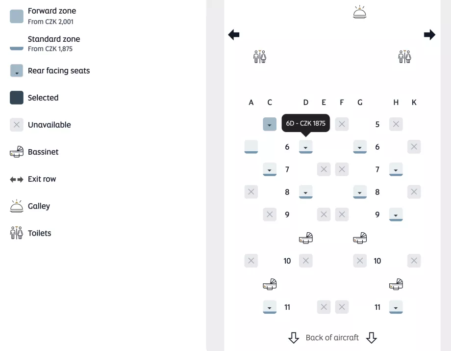 Mapa sedadiel a cena za výber sedadla