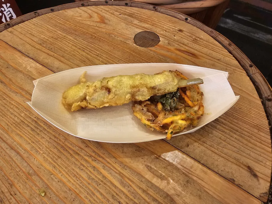Moja tempura na trhu Nishiki