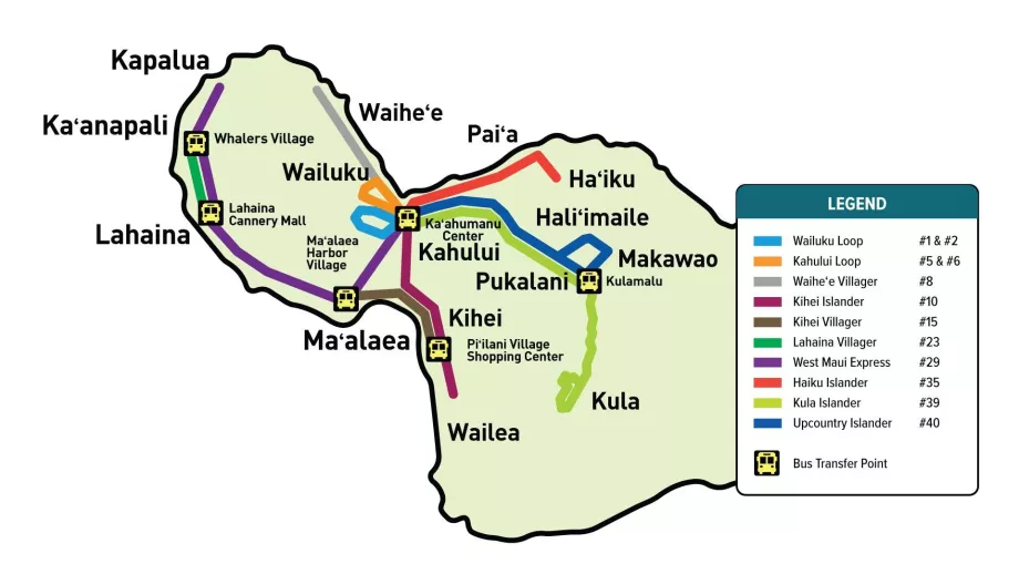 Mapa autobusovej dopravy na ostrove Maui