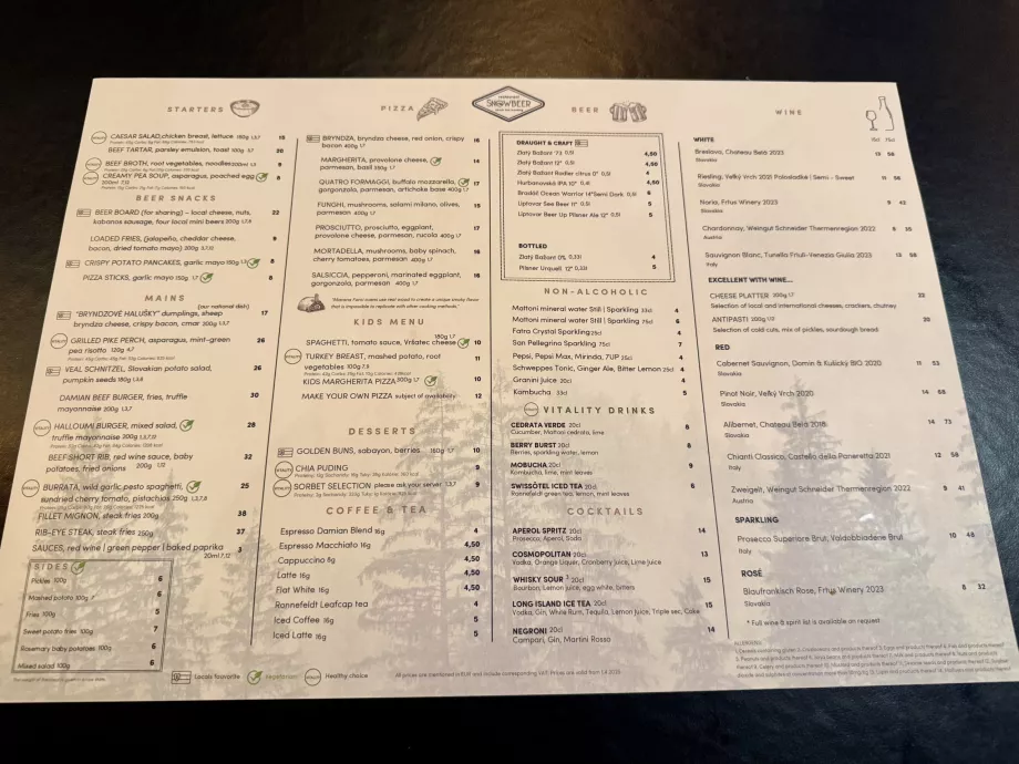 Menu snehového piva s cenami