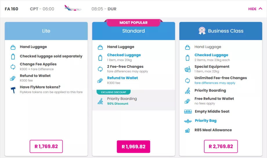 Tarifné triedy FlySafair