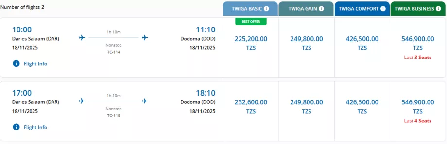 Tarifné triedy spoločnosti Air Tanzania