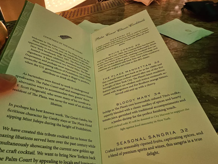 Koktailové menu v reštaurácii Palm Court