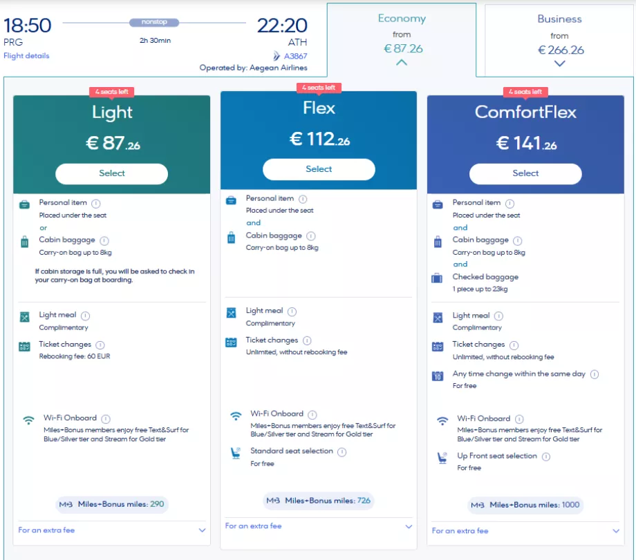 Tarifné triedy spoločnosti Aegean Airlines